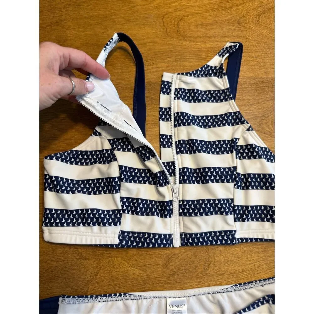 Venus Kids High Neck Zip Front Sailboat Stripe Bikini Set Navy White Size 12